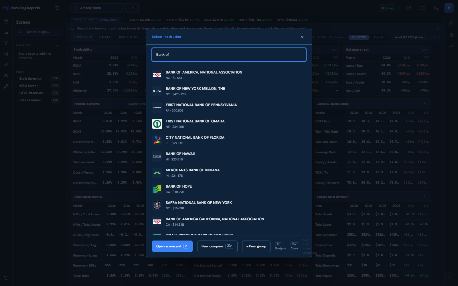 The BankRegReports entity picker open over the terminal with 'Bank of' typed in the search field: matching banks listed by assets, each with its logo, state, and total assets, from Bank of America down, with keyboard navigation hints.